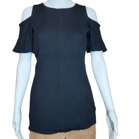 Roaman's Black Ribbed Sweater Material Cold Shoulder Bodycon Tunic Top 12 NWOT - Picture 2 of 9